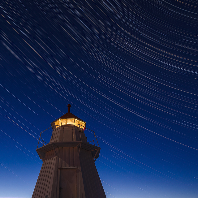 Startrails over lighthouse, Bua, Halland, Sweden, Europe