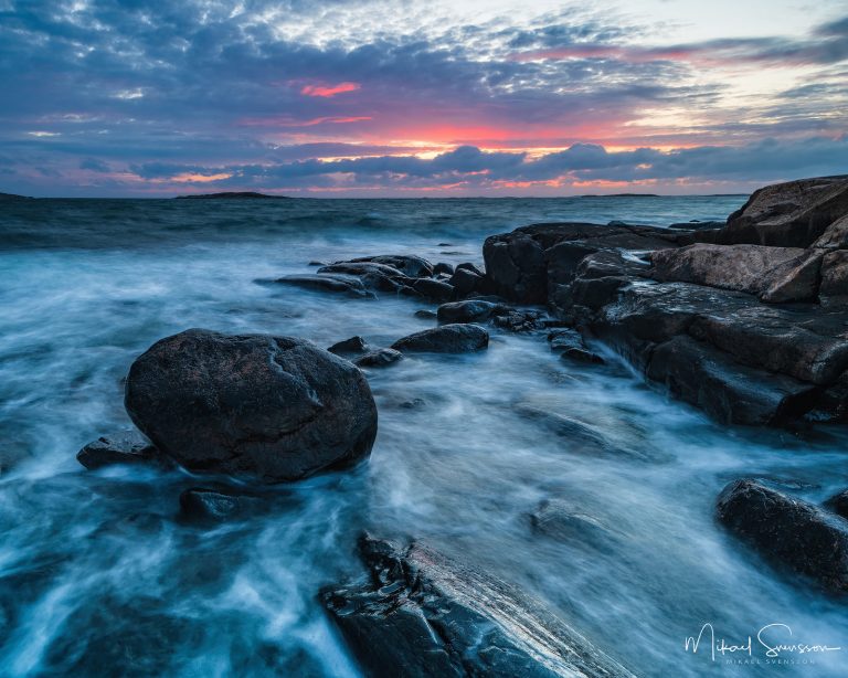 Solnedgång vid Vallda Sandö, Halland.
