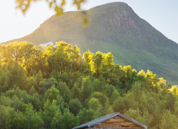 Kvällsljus vid bebyggelse vid Storkläppvallen och foten av Mittåkläppen, Härjedalen.
