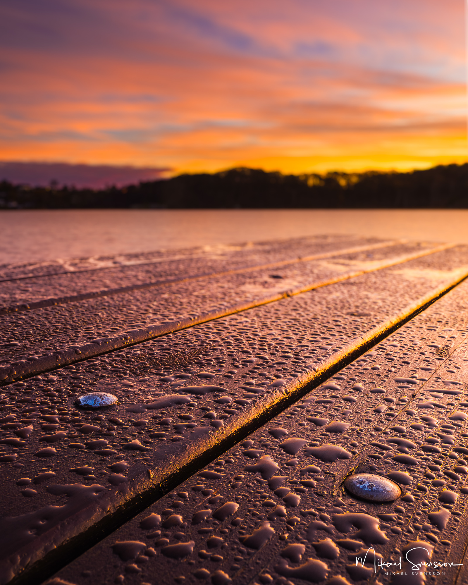 Vattendroppar på rastbord vid Stensjön, Mölndal.
