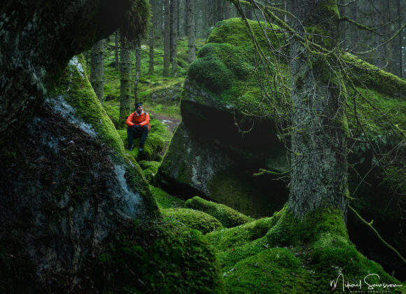 Vandrare sitter i Svartedalens naturreservat, Stenungssunds kommun